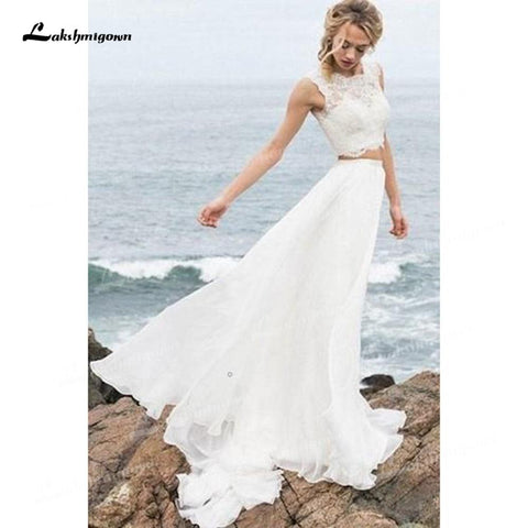 NumberSea Zweiteiliges Chiffon-A-Linien-Boho-Brautkleid mit Rundhalsausschnitt, kurzen Ärmeln, Pinselschleppe, Brautkleider, Applikationen, Falten, Spitze, schlicht