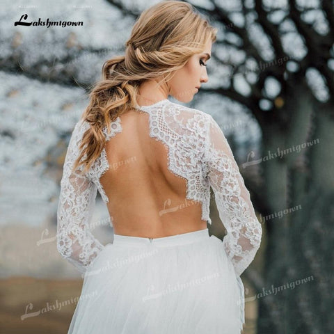 NumberSea Vestidos de noiva estilo boho, duas peças, em tule, corte A, decote redondo, manga comprida, sexy, costas abertas, cauda comprida, aplicações, pregas, renda