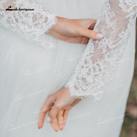 NumberSea Vestidos de noiva estilo boho, duas peças, em tule, corte A, decote redondo, manga comprida, sexy, costas abertas, cauda comprida, aplicações, pregas, renda