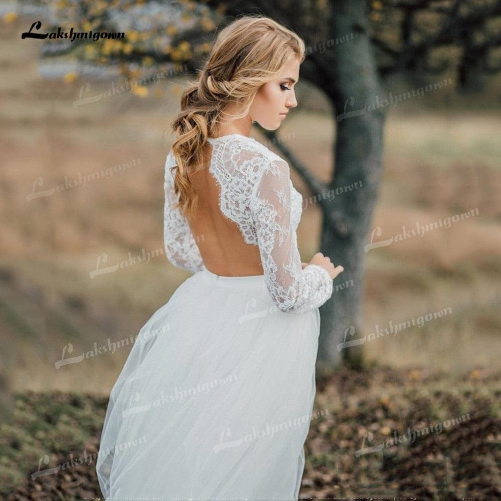 NumberSea Two Piece Tulle A-Line Boho Wedding Dresses O-Neck Long Sleeve Sexy Open Back Sweep/Brush Train Bride Gowns Appliques Pleat Lace