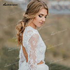 NumberSea Two Piece Tulle A-Line Boho Wedding Dresses O-Neck Long Sleeve Sexy Open Back Sweep/Brush Train Bride Gowns Appliques Pleat Lace