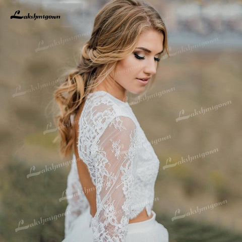 NumberSea Vestidos de noiva estilo boho, duas peças, em tule, corte A, decote redondo, manga comprida, sexy, costas abertas, cauda comprida, aplicações, pregas, renda