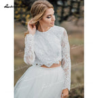 NumberSea Two Piece Tulle A-Line Boho Wedding Dresses O-Neck Long Sleeve Sexy Open Back Sweep/Brush Train Bride Gowns Appliques Pleat Lace