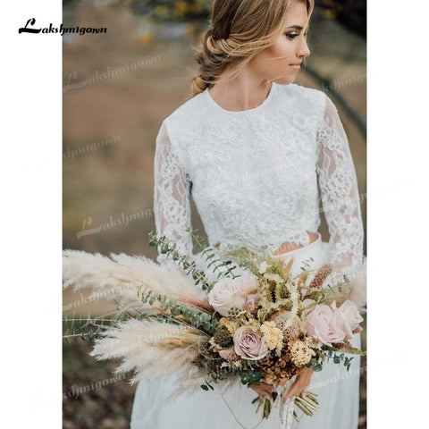 NumberSea Vestidos de noiva estilo boho, duas peças, em tule, corte A, decote redondo, manga comprida, sexy, costas abertas, cauda comprida, aplicações, pregas, renda