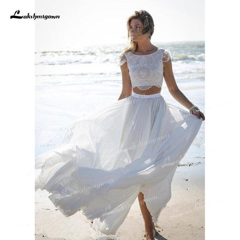 NumberSea Einzigartige zweiteilige Brautkleider mit U-Boot-Ausschnitt, Spitzenoberteil, Flügelärmeln und Chiffonrock, Sweep-Schleppe, Strand-Brautkleider, Robe de Mariage