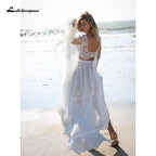 NumberSea Unique Two Pieces Wedding Dresses Boat Neck Lace Top Cap-Sleeve And Chiffon Skirt Sweep Train Beach Bride Gowns robe de mariage