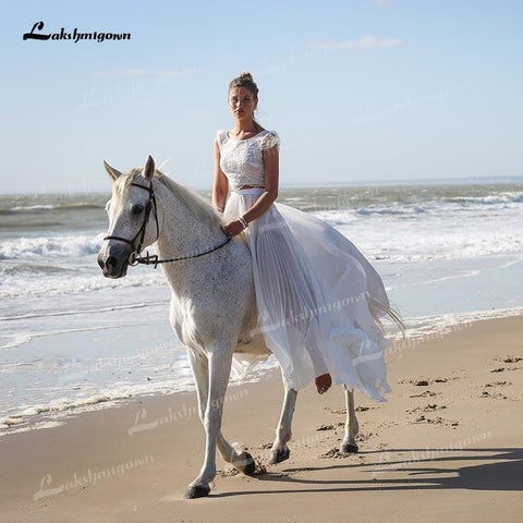NumberSea Einzigartige zweiteilige Brautkleider mit U-Boot-Ausschnitt, Spitzenoberteil, Flügelärmeln und Chiffonrock, Sweep-Schleppe, Strand-Brautkleider, Robe de Mariage