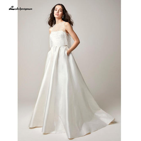 NumberSea Zwei Stücke Brautkleider 2022 Perlen Top Brautkleid Jewel Neck Strand Satin Brautkleid Vestidos De Novia