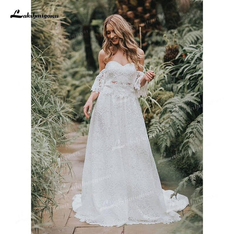 NumberSea Zweiteiliges Boho-Brautkleid mit herzförmigem Ausschnitt und Applikationen, bodenlang, Sweep-Schleppe, Spitze, kurze Ärmel, Vestidos de Novia