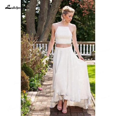 NumberSea Zweiteiliges Chiffon-A-Linien-Brautkleid mit Spaghettiträgern, offenem Rücken, ärmellos, Schleppe/Pinselschleppe, Strand-Brautkleid mit Falten