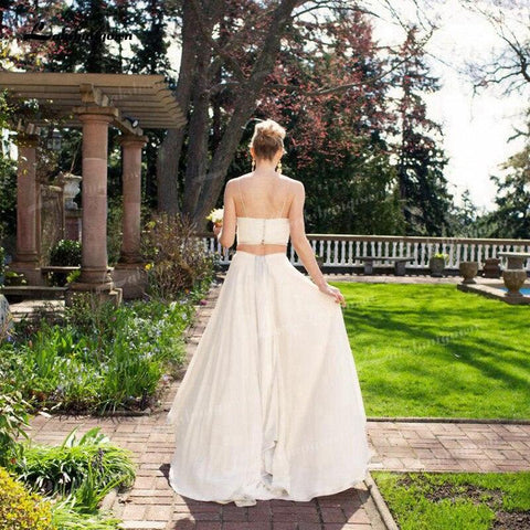 NumberSea Zweiteiliges Chiffon-A-Linien-Brautkleid mit Spaghettiträgern, offenem Rücken, ärmellos, Schleppe/Pinselschleppe, Strand-Brautkleid mit Falten