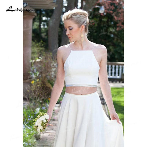 NumberSea Zweiteiliges Chiffon-A-Linien-Brautkleid mit Spaghettiträgern, offenem Rücken, ärmellos, Schleppe/Pinselschleppe, Strand-Brautkleid mit Falten