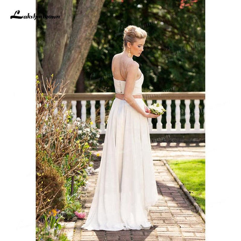 NumberSea Zweiteiliges Chiffon-A-Linien-Brautkleid mit Spaghettiträgern, offenem Rücken, ärmellos, Schleppe/Pinselschleppe, Strand-Brautkleid mit Falten