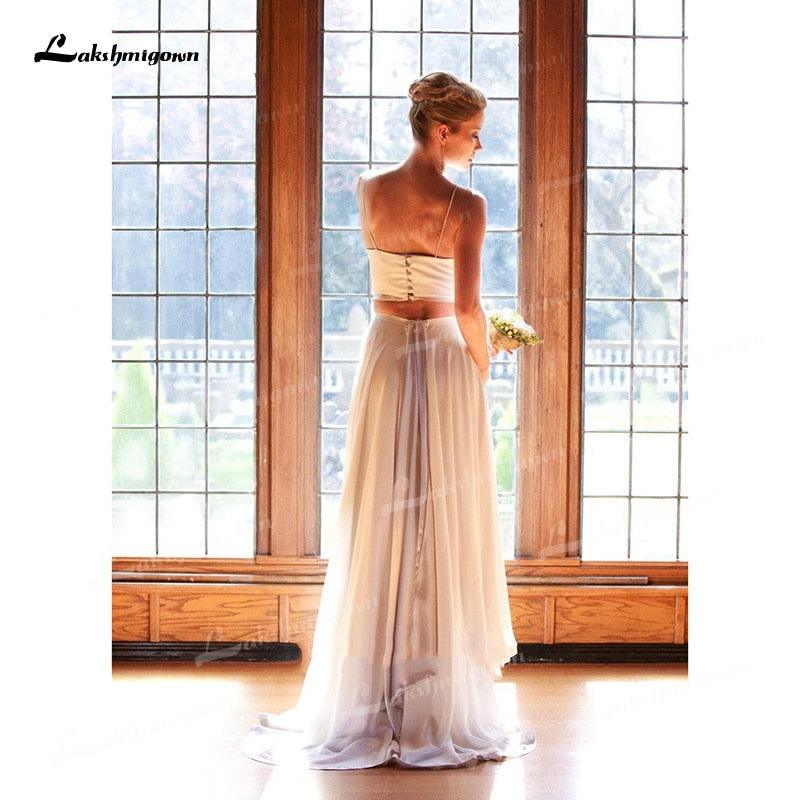 NumberSea Two Piece Chiffon A-Line Wedding Dresses Spaghetti Straps Neck Open Back Sleeveless Sweep/Brush Train Beach Bride Gowns Pleats