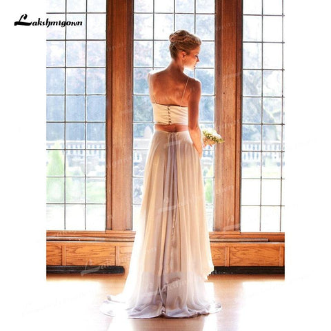 NumberSea Zweiteiliges Chiffon-A-Linien-Brautkleid mit Spaghettiträgern, offenem Rücken, ärmellos, Schleppe/Pinselschleppe, Strand-Brautkleid mit Falten
