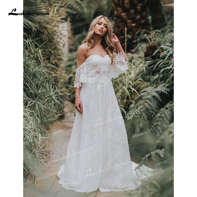 NumberSea Two Piece  Boho Long Wedding Dresses Sweetheart Neck Appliques Floor-Length  Sweep Train Lace Short Sleeve vestidos de novia