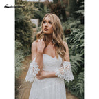 NumberSea Two Piece  Boho Long Wedding Dresses Sweetheart Neck Appliques Floor-Length  Sweep Train Lace Short Sleeve vestidos de novia