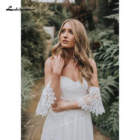 NumberSea Zweiteiliges Boho-Brautkleid mit herzförmigem Ausschnitt und Applikationen, bodenlang, Sweep-Schleppe, Spitze, kurze Ärmel, Vestidos de Novia