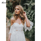 NumberSea Two Piece  Boho Long Wedding Dresses Sweetheart Neck Appliques Floor-Length  Sweep Train Lace Short Sleeve vestidos de novia