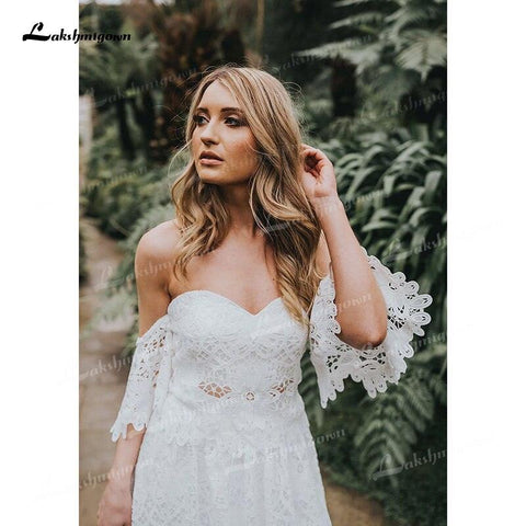 NumberSea Zweiteiliges Boho-Brautkleid mit herzförmigem Ausschnitt und Applikationen, bodenlang, Sweep-Schleppe, Spitze, kurze Ärmel, Vestidos de Novia