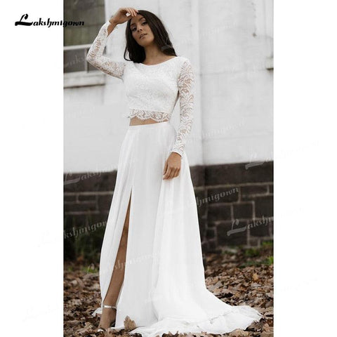 NumberSea Zweiteiliges A-Linien-Brautkleid mit U-Boot-Ausschnitt, Spitzenkorsett, Illusion, lange Ärmel, sexy, offener Rücken, Schleppe/Pinselschleppe, Chiffon-Brautkleid