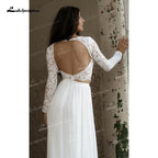 NumberSea Two Piece A-Line Wedding Dresses Boat Neck Lace Corset Illusion Long Sleeve Sexy Open Back Sweep/Brush Train Chiffon Bride Gowns