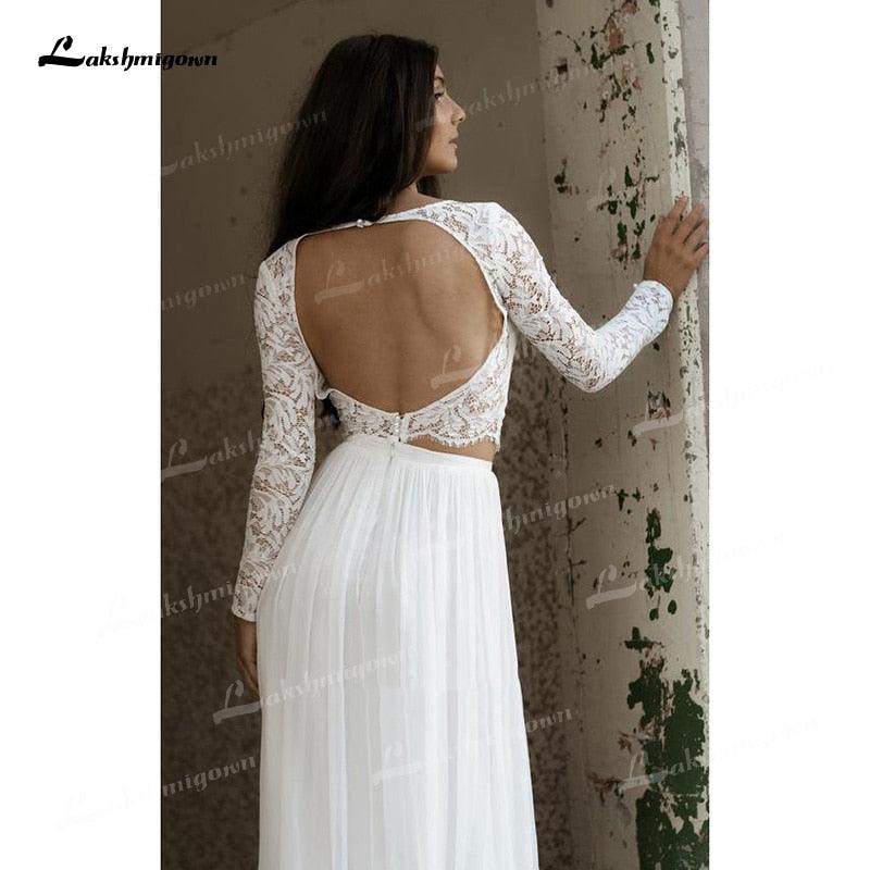 NumberSea Two Piece A-Line Wedding Dresses Boat Neck Lace Corset Illusion Long Sleeve Sexy Open Back Sweep/Brush Train Chiffon Bride Gowns