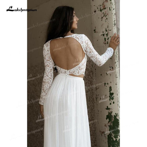 NumberSea Zweiteiliges A-Linien-Brautkleid mit U-Boot-Ausschnitt, Spitzenkorsett, Illusion, lange Ärmel, sexy, offener Rücken, Schleppe/Pinselschleppe, Chiffon-Brautkleid