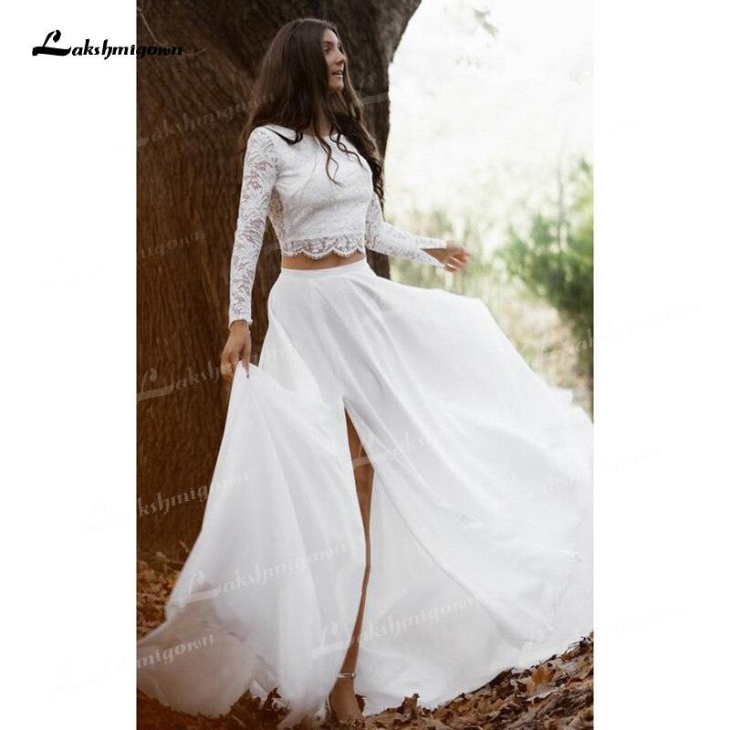 NumberSea Two Piece A-Line Wedding Dresses Boat Neck Lace Corset Illusion Long Sleeve Sexy Open Back Sweep/Brush Train Chiffon Bride Gowns