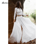 NumberSea Two Piece A-Line Wedding Dresses Boat Neck Lace Corset Illusion Long Sleeve Sexy Open Back Sweep/Brush Train Chiffon Bride Gowns