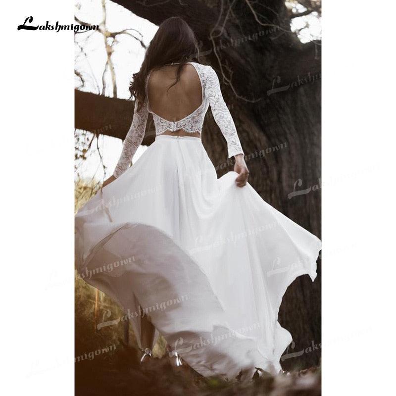 NumberSea Two Piece A-Line Wedding Dresses Boat Neck Lace Corset Illusion Long Sleeve Sexy Open Back Sweep/Brush Train Chiffon Bride Gowns