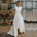 NumberSea Zweiteilige Brautkleider Spitzenoberteil Kurzarm O-Ausschnitt Chiffon Bodenlang Sweep Schleppe Strand Brautkleider Rückendesign Knopf