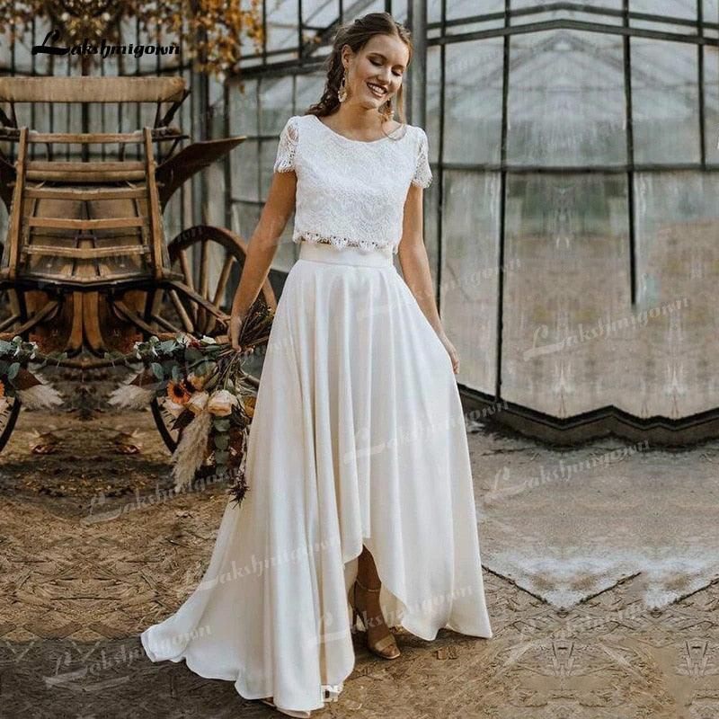 NumberSea Two Pieces Wedding Dresses Lace Top Short Sleeve O-Neck Chiffon Floor-Length Sweep Train Beach Bridal Gowns Back Design Button