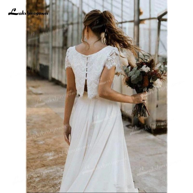 NumberSea Two Pieces Wedding Dresses Lace Top Short Sleeve O-Neck Chiffon Floor-Length Sweep Train Beach Bridal Gowns Back Design Button