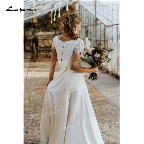 NumberSea Zweiteilige Brautkleider Spitzenoberteil Kurzarm O-Ausschnitt Chiffon Bodenlang Sweep Schleppe Strand Brautkleider Rückendesign Knopf