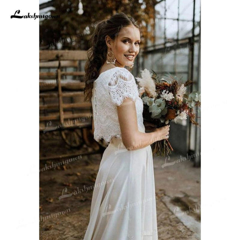 NumberSea Zweiteilige Brautkleider Spitzenoberteil Kurzarm O-Ausschnitt Chiffon Bodenlang Sweep Schleppe Strand Brautkleider Rückendesign Knopf