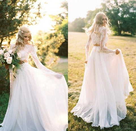 NumberSea Primavera Verão Praia Vestidos de Noiva 2019 Duas Peças Chiffon Bohemian Renda Top Manga Longa Noiva Casamento de Noiva de Noiva