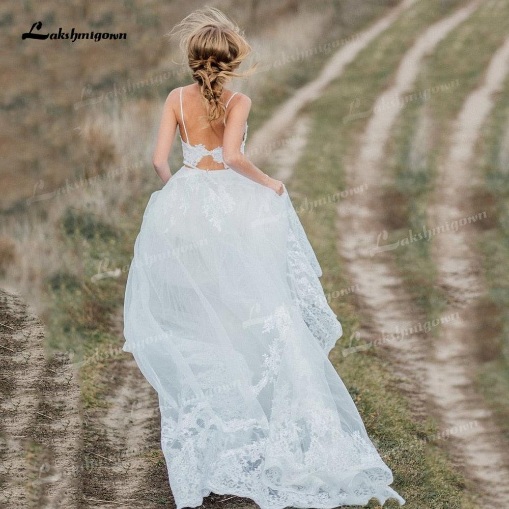 NumberSea Two Piece Tulle A-Line Boho Wedding Dresses V-Neck Spaghetti Straps Backless Sleeveless Chapel Train Bride Gowns Appliques Pleat