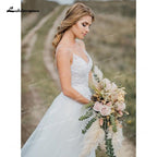 NumberSea Two Piece Tulle A-Line Boho Wedding Dresses V-Neck Spaghetti Straps Backless Sleeveless Chapel Train Bride Gowns Appliques Pleat