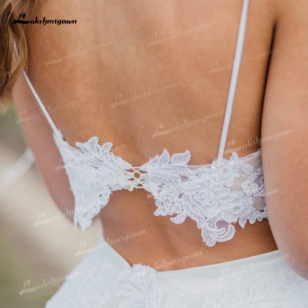 NumberSea Two Piece Tulle A-Line Boho Wedding Dresses V-Neck Spaghetti Straps Backless Sleeveless Chapel Train Bride Gowns Appliques Pleat