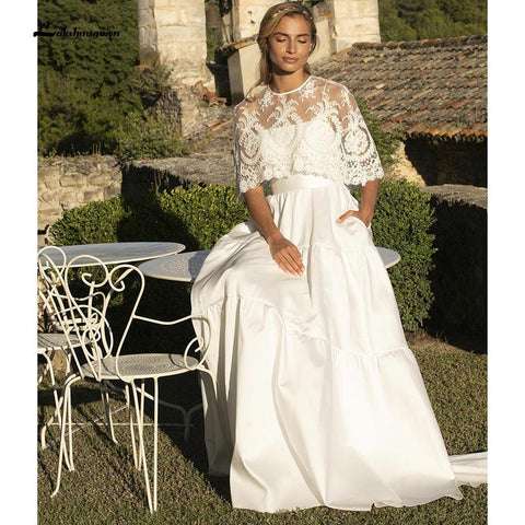 NumberSea Spaghetti-Trägern Zwei Stücke Satin Spitze Abnehmbare Schal Brautkleider Mit Zurück Tasten Einfache Elegante vestidos de novia 2021