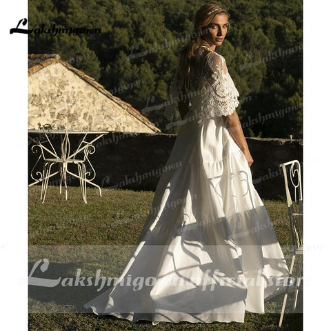NumberSea Spaghetti-Trägern Zwei Stücke Satin Spitze Abnehmbare Schal Brautkleider Mit Zurück Tasten Einfache Elegante vestidos de novia 2021