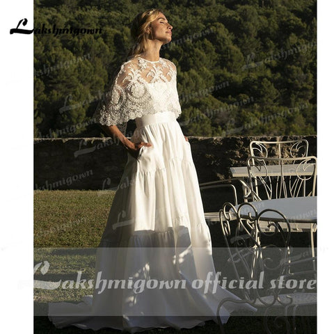 NumberSea Spaghetti-Trägern Zwei Stücke Satin Spitze Abnehmbare Schal Brautkleider Mit Zurück Tasten Einfache Elegante vestidos de novia 2021