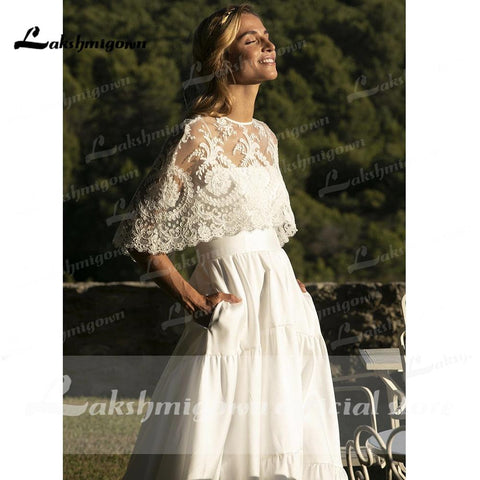 NumberSea Spaghetti-Trägern Zwei Stücke Satin Spitze Abnehmbare Schal Brautkleider Mit Zurück Tasten Einfache Elegante vestidos de novia 2021