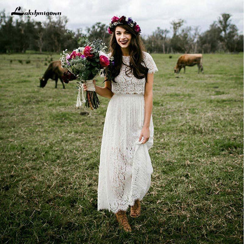 NumberSea Vestido de noiva curto estilo boho, de renda, duas peças, com mangas, gola redonda, comprimento até ao tornozelo, estilo boémio, hippie, para mulher