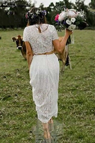 NumberSea Vestido de noiva curto estilo boho, de renda, duas peças, com mangas, gola redonda, comprimento até ao tornozelo, estilo boémio, hippie, para mulher