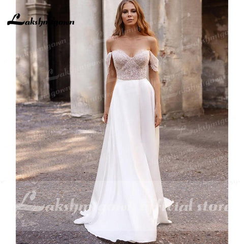 NumberSea suknie weselne 2021 Neueste Zwei Stücke Hohe Split Weg Von Der Schulter Brautkleider Mit Zurück Tasten vestidos de mujer boda