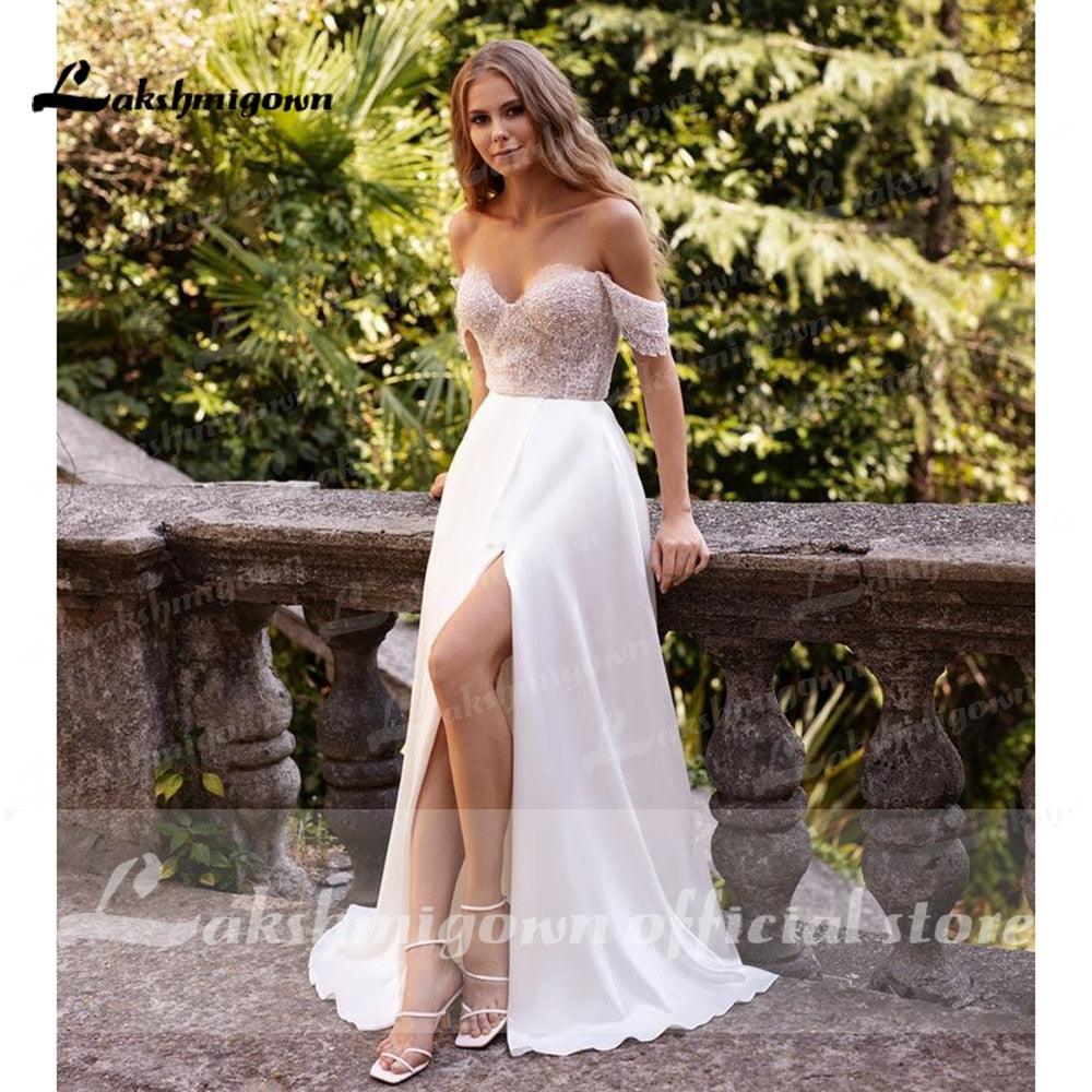 NumberSea suknie weselne 2021 Newest Two Pieces High Split Off The Shoulder Wedding Dresses With Back Buttons vestidos de mujer boda