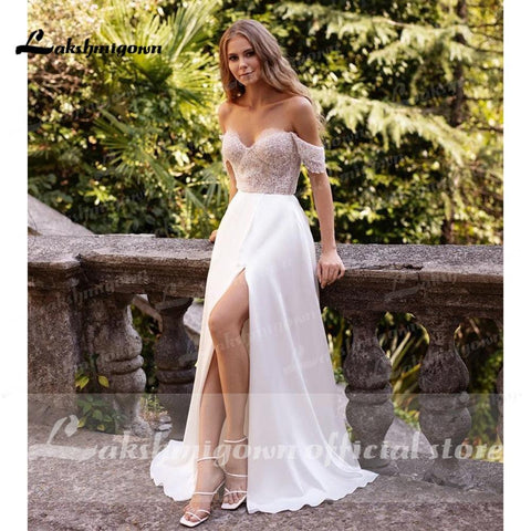 NumberSea suknie weselne 2021 Neueste Zwei Stücke Hohe Split Weg Von Der Schulter Brautkleider Mit Zurück Tasten vestidos de mujer boda
