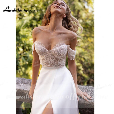 NumberSea suknie weselne 2021 Neueste Zwei Stücke Hohe Split Weg Von Der Schulter Brautkleider Mit Zurück Tasten vestidos de mujer boda